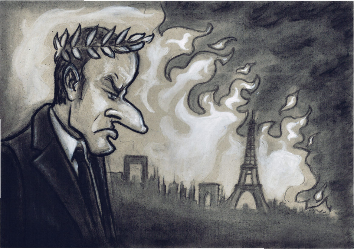 Gilets jaunes and Macron © Drawing by Nicolas Lotatelli for Le Regard Libre