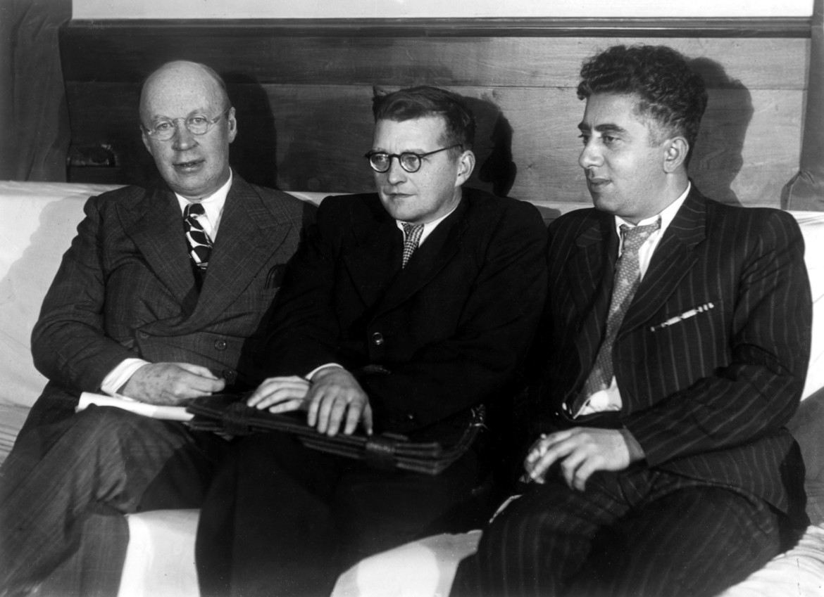 The composers Sergei Prokofiev, Dmitri Shostakovich and Aram Khachaturian, 1945 (b/w photo)