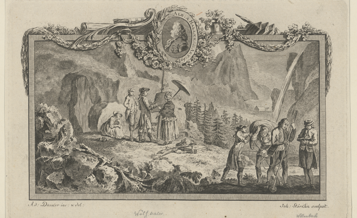 Au sein d’une vue composite reprenant les éléments de la vallée de Lauterbrunnen, et sous le parrainage d’Albrecht von Haller (médaillon), Caspar Wolf est représenté en train de peindre la chute du Staubbach